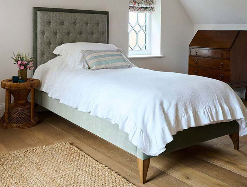 Camden Single Bed in RHS Collection Gertrude Jekyll Lattice Duck Egg and Linwood Omega Velvet Duck Egg